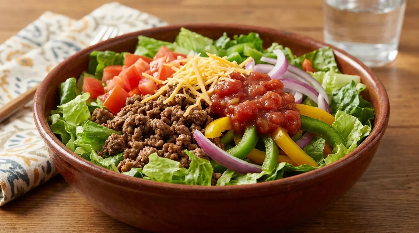 lean beef taco salad with romaine tomatoes peppers salsa and reduced fat cheese in a deep bowl