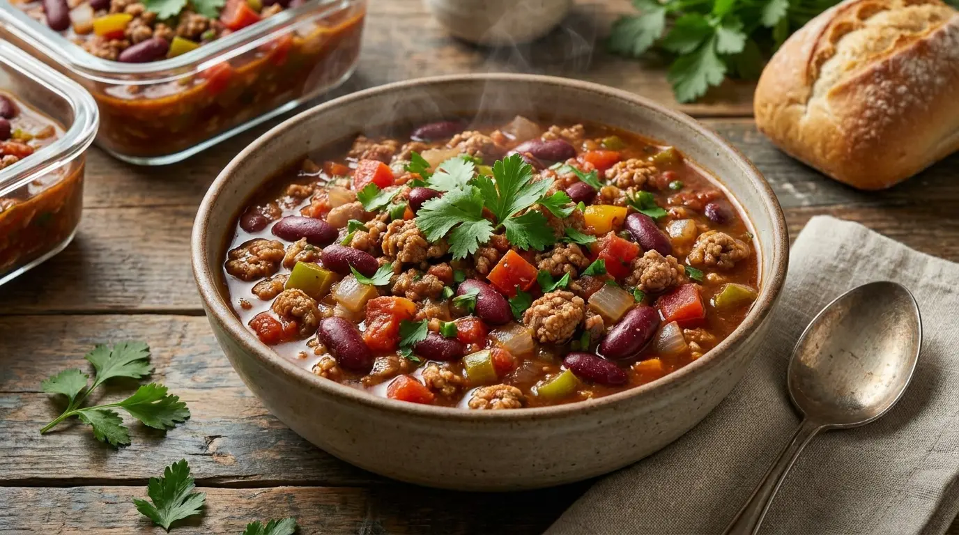 lean turkey bean chili bowl with tomatoes peppers kidney beans and fresh herbs on a rustic table
