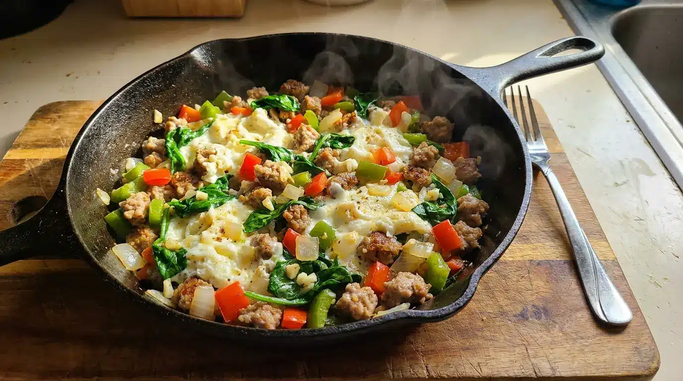 lean turkey sausage and egg white skillet with spinach peppers and onion in a cast iron pan