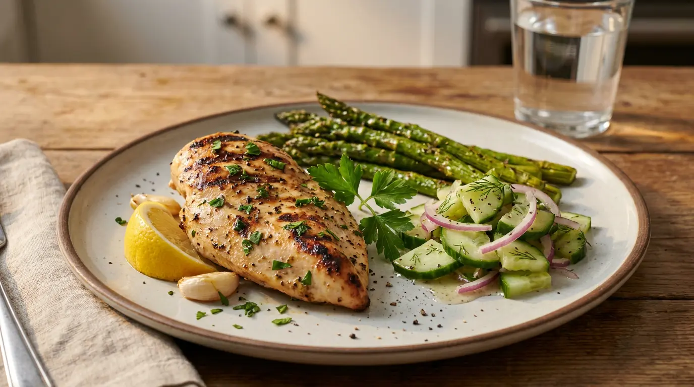 lemon herb chicken with asparagus and cucumber salad served on a clean dinner plate
