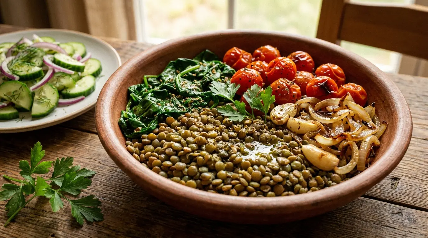 lentil spinach protein bowl with tomatoes garlic onion oregano and cucumber salad on the side