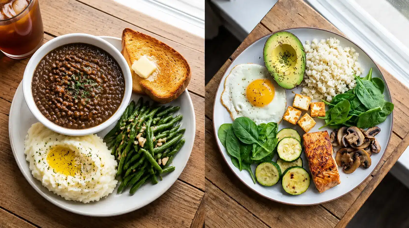 lentils and high carb foods beside keto friendly swaps on a rustic table
