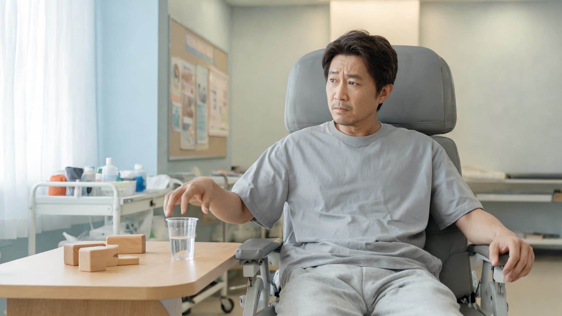 male patient sitting in hospital chair looking thoughtful with blocks on table in front