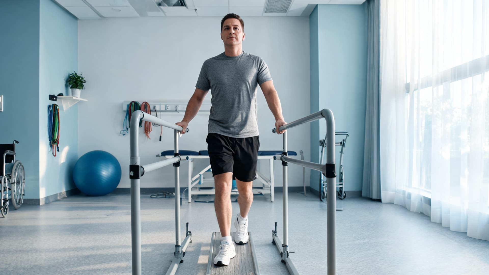 male patient walking on parallel bars in rehab room focused on recovery and balance