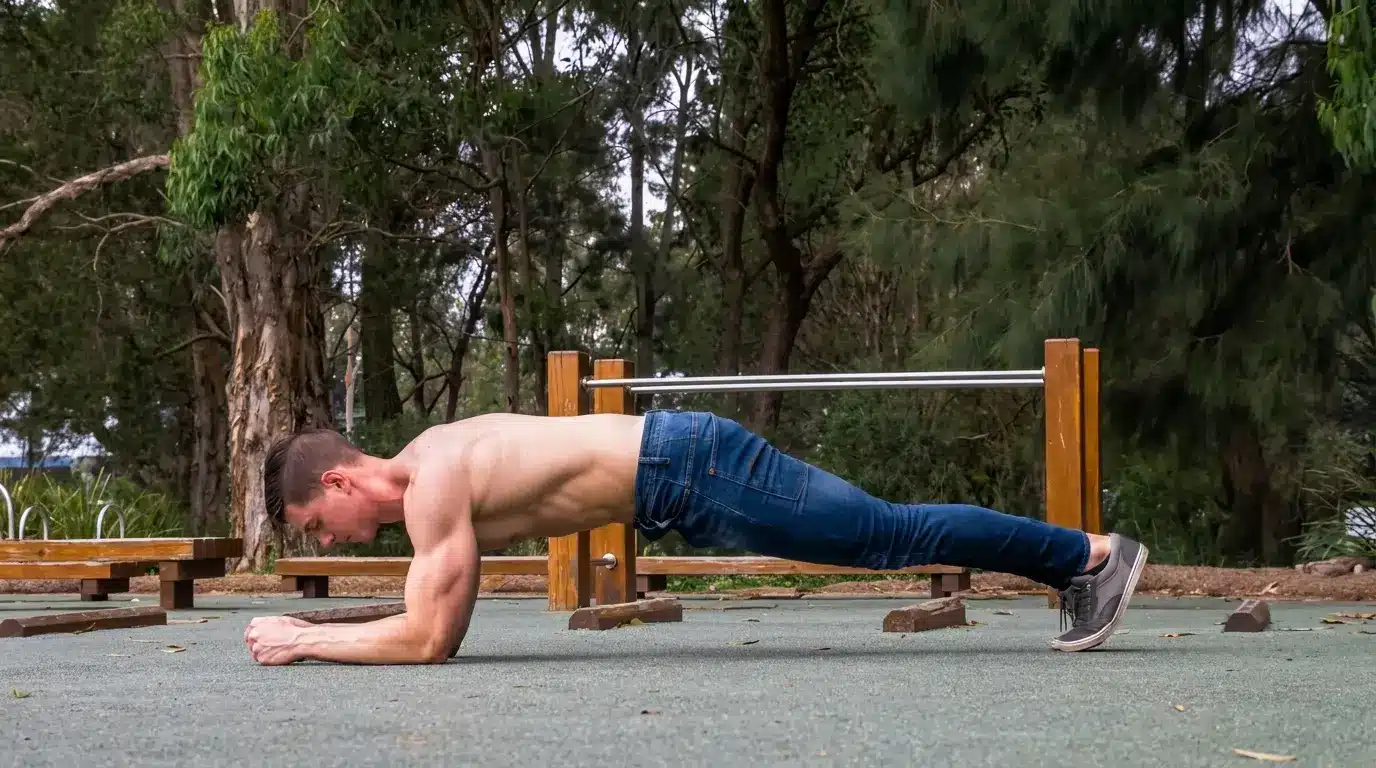 man holding a forearm plank outdoors with straight body alignment and core engaged on a park surface