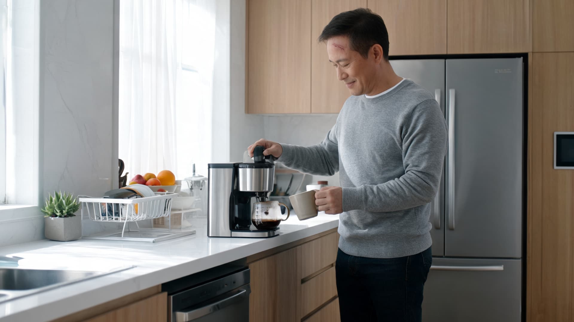 man in kitchen making coffee in the morning sunlight near fridge and counter