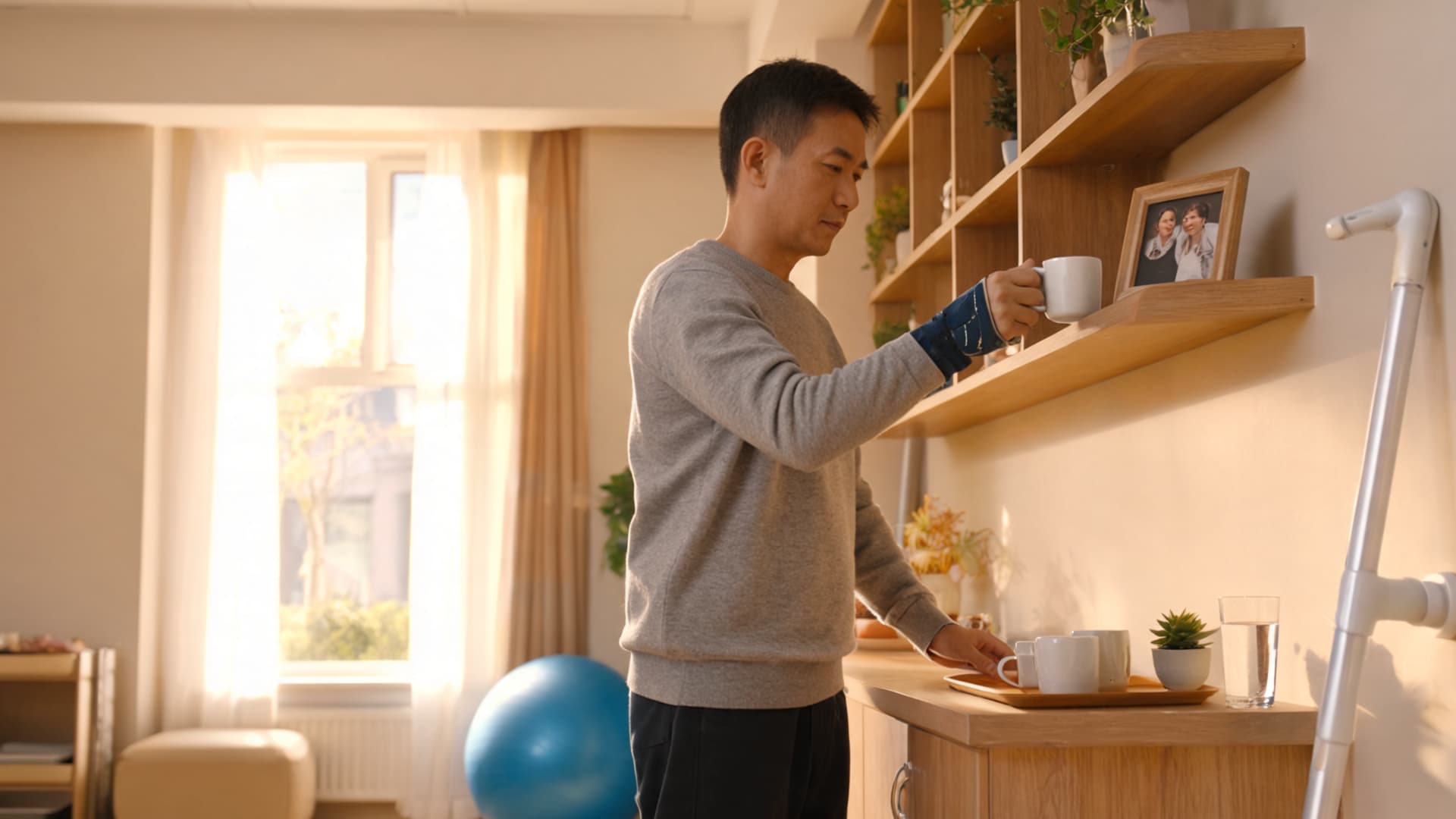man in rehab center arranging cups on shelf with exercise ball and sunlight in background