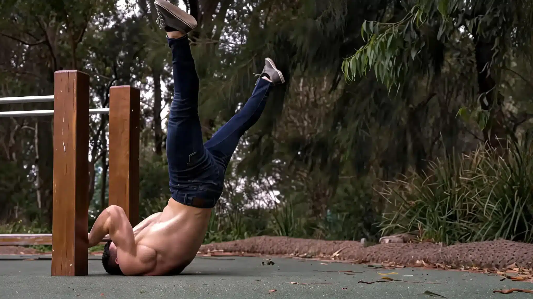 man performing a straddle dragon flag outdoors while gripping a wooden support with legs split and core engaged