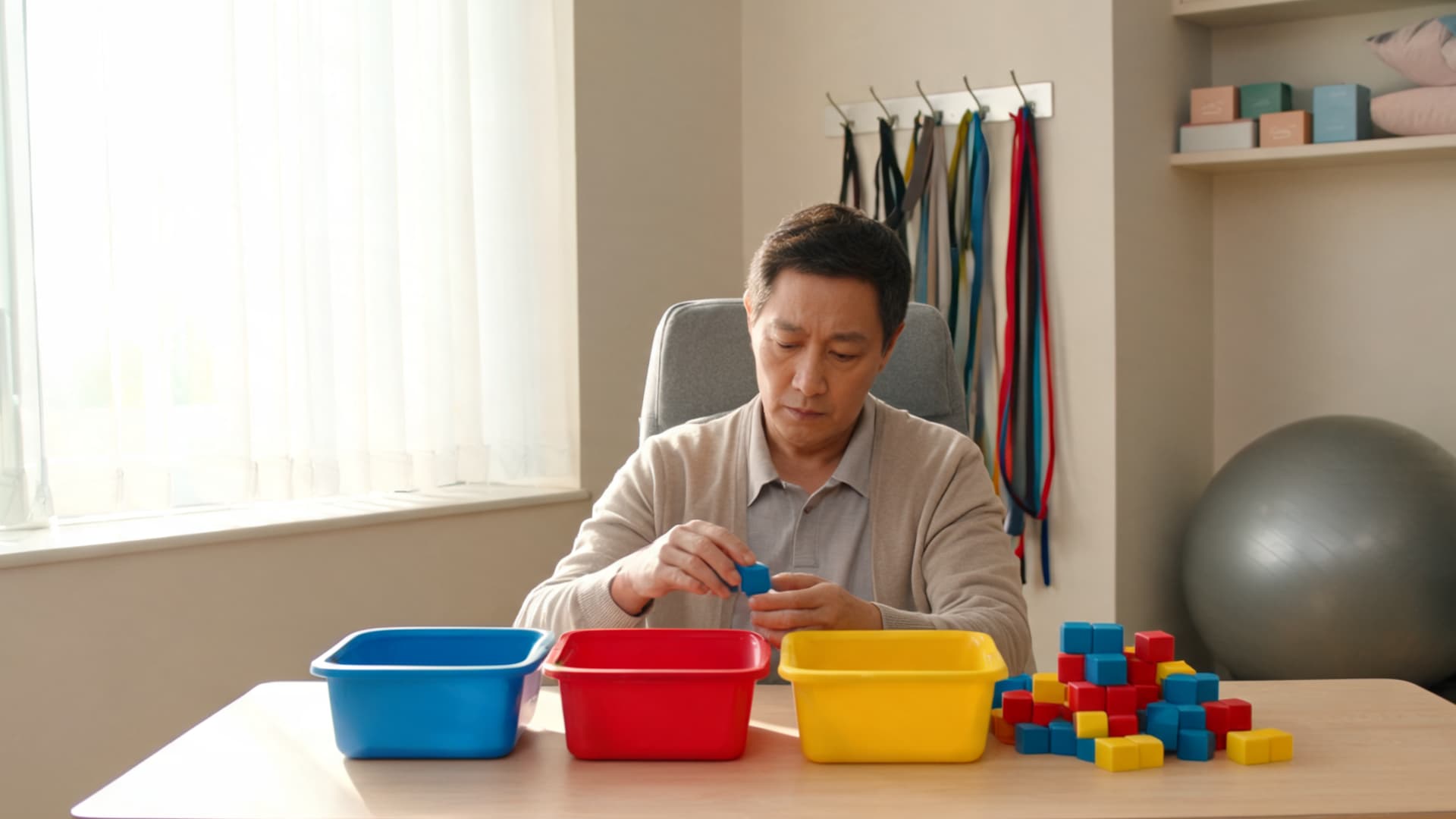man sitting at table sorting colorful blocks in therapy room with exercise ball behind him
