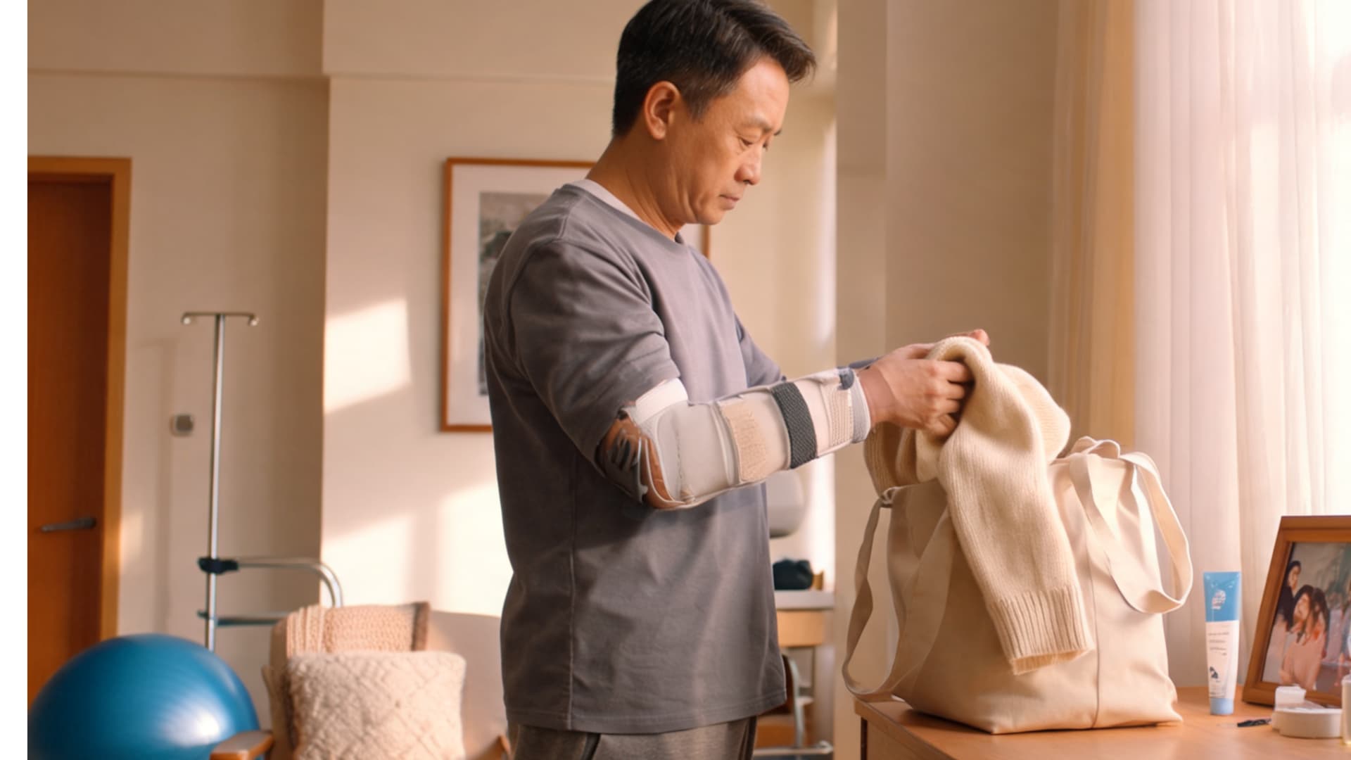 man with arm brace packs sweater into tote bag in a sunlit rehab room with exercise ball