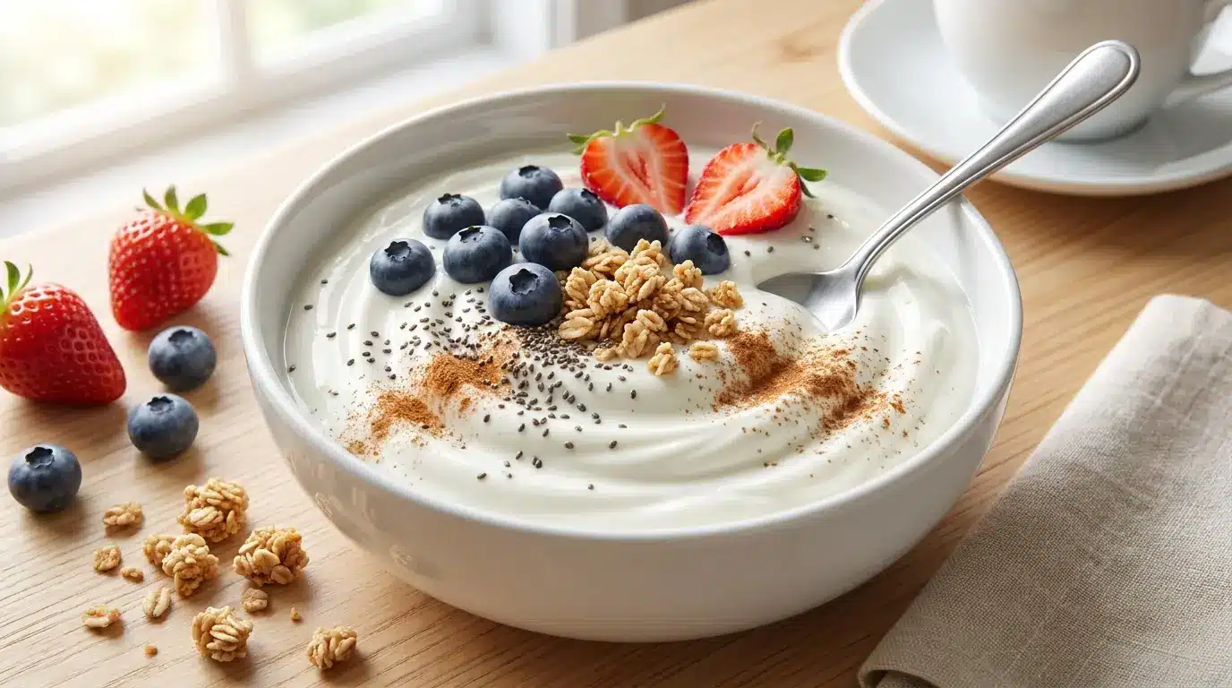 nonfat greek yogurt bowl with berries chia cinnamon and granola on a bright breakfast table