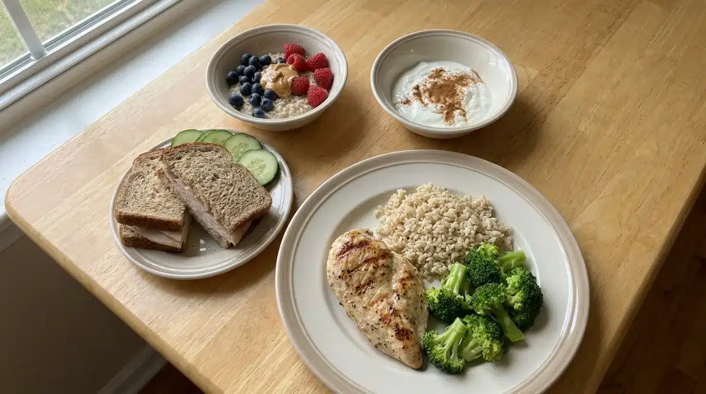 oatmeal turkey sandwich greek yogurt and chicken rice bowl arranged for day one meal plan
