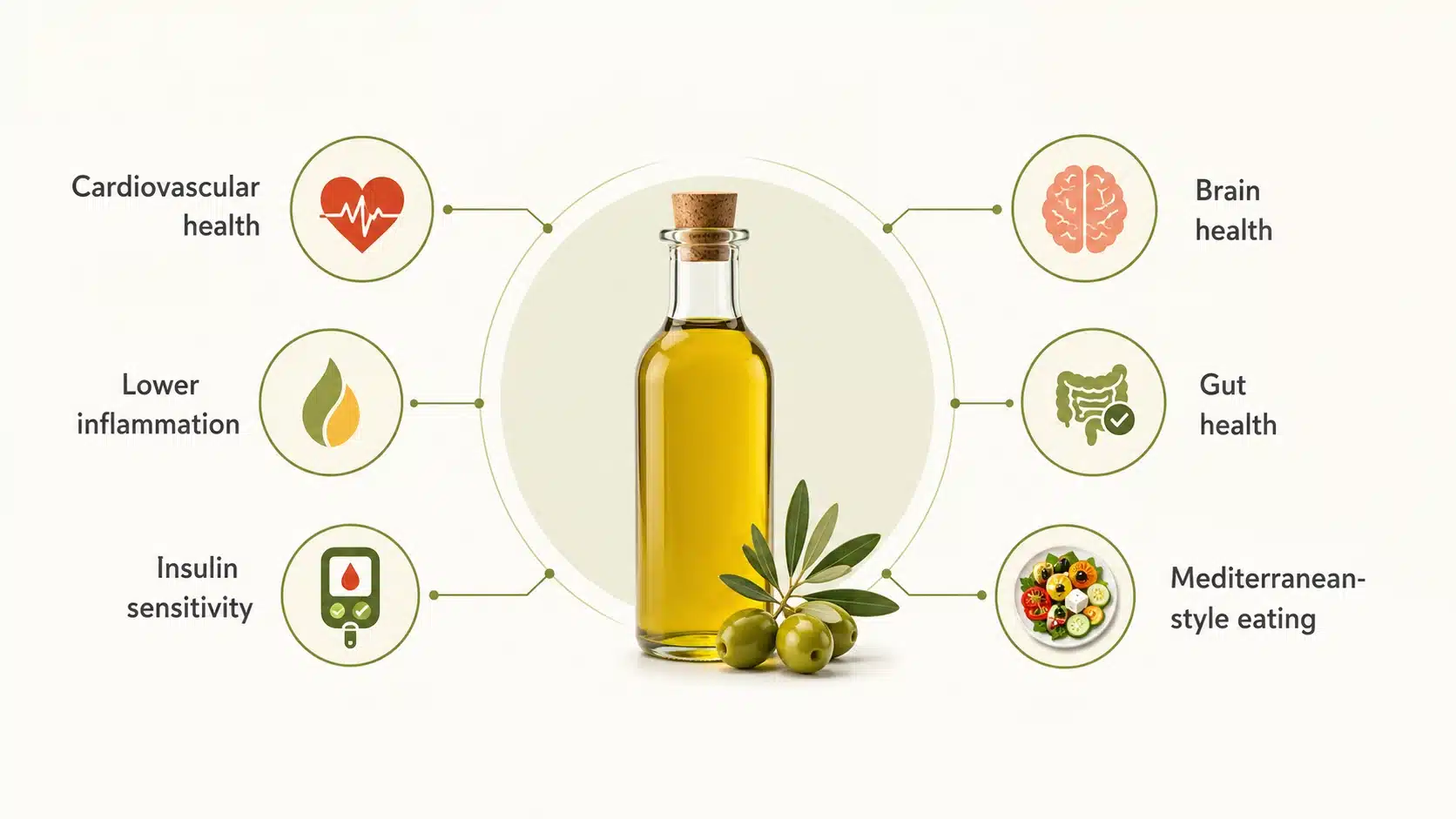 olive oil benefits infographic with cardiovascular inflammation insulin brain gut and mediterranean eating labels