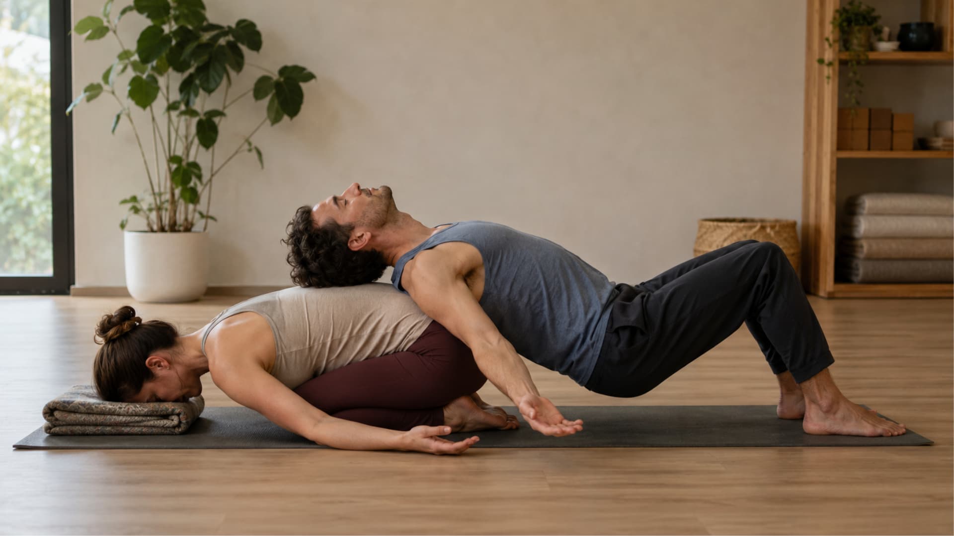 One partner rests in child's pose while the other opens the chest in supported fish pose on a yoga mat