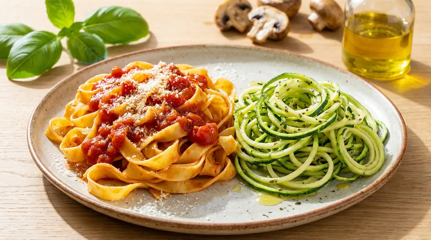 pasta beside zucchini noodles with tomato sauce basil and mushrooms