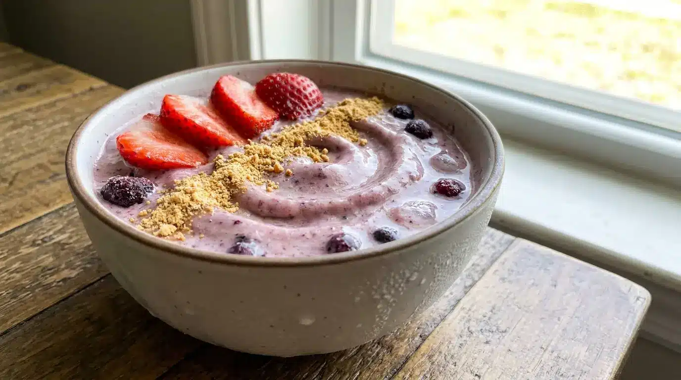 peanut butter protein smoothie bowl with strawberries berries and powdered peanut butter on top