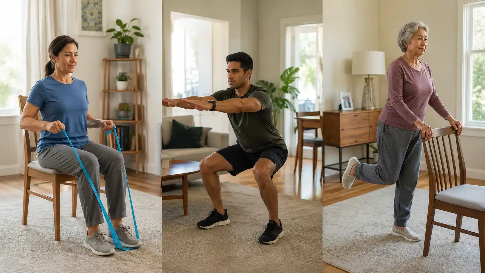 people following different home exercise program types for rehab fitness and balance support at home