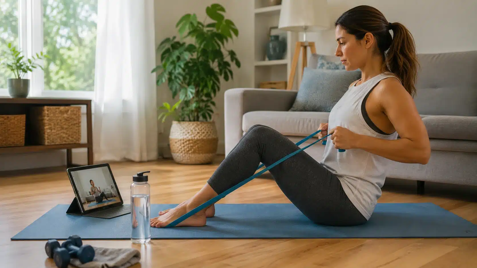 person following a home exercise program at home with a mat resistance band and tablet guidance