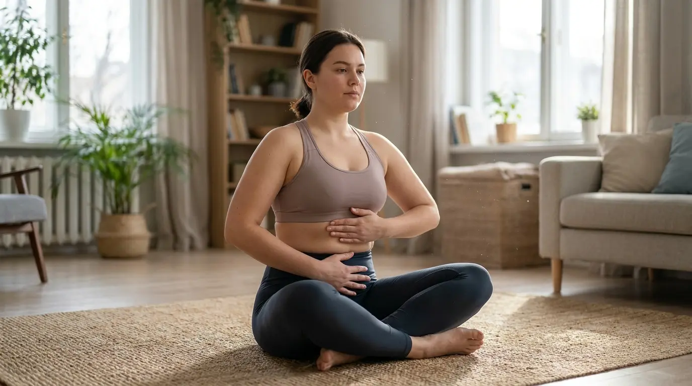 person holding gentle stomach vacuum while practicing small calm breaths on yoga mat