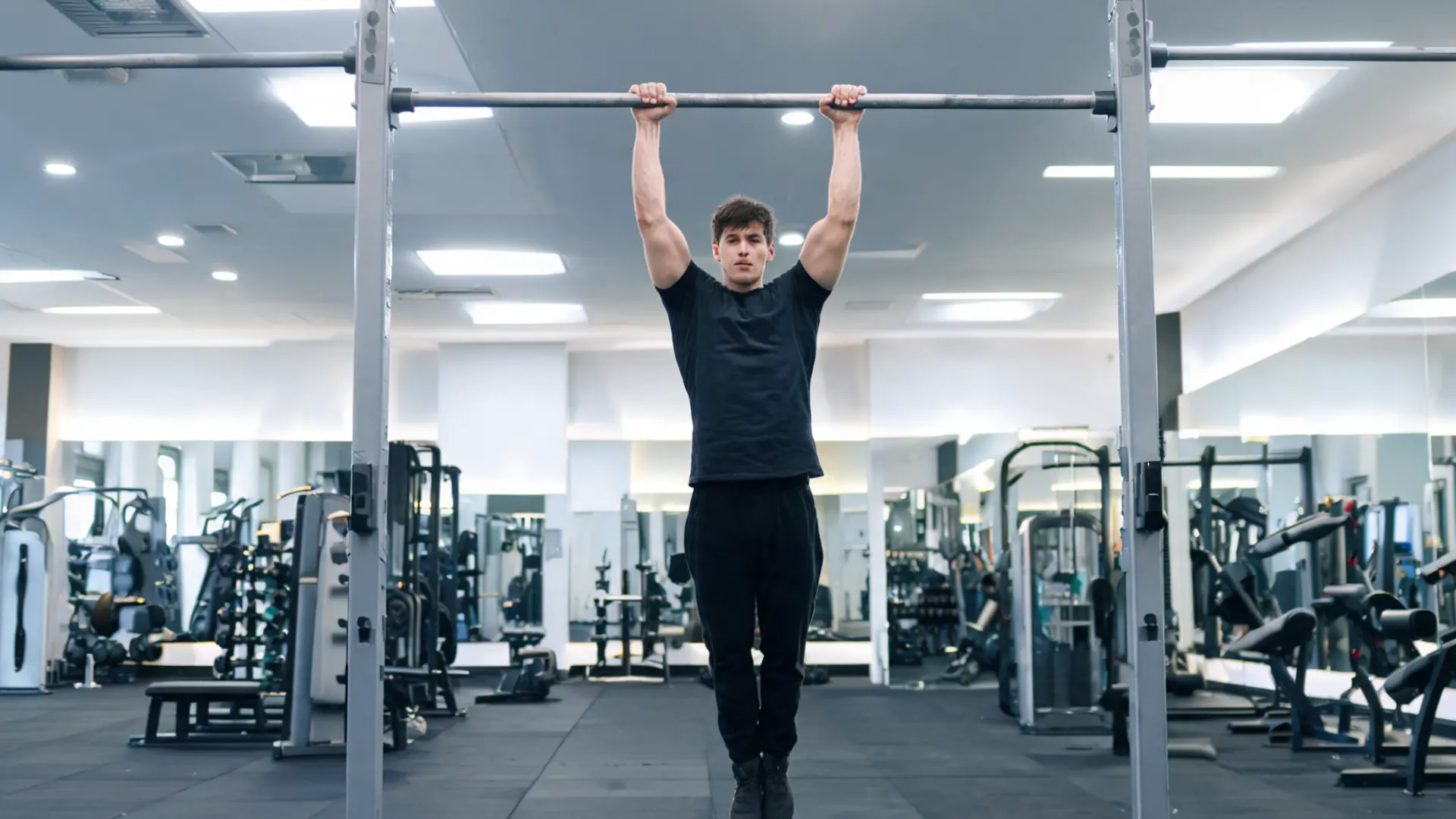 person performing a dead hang on a pull-up bar with proper form, highlighting grip and upper-body engagement