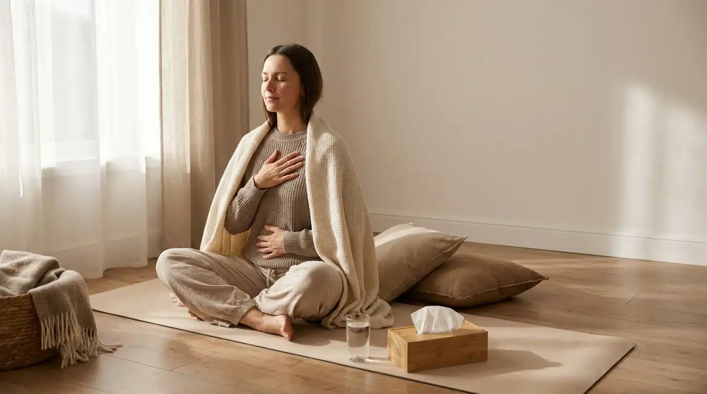 person sitting on a yoga mat with hands on heart and belly for gentle yoga for grief support