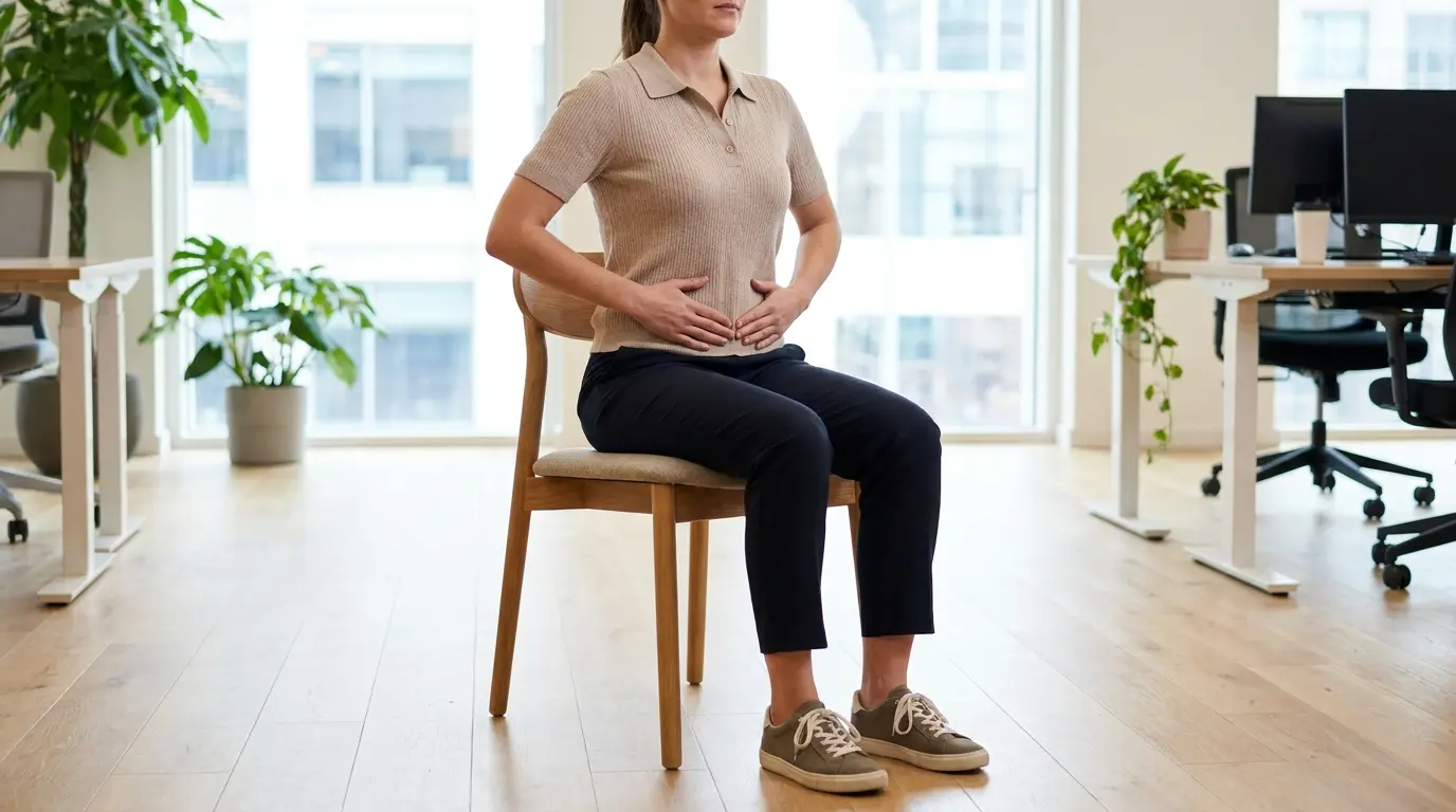 person sitting upright on chair doing seated stomach vacuum with relaxed shoulders