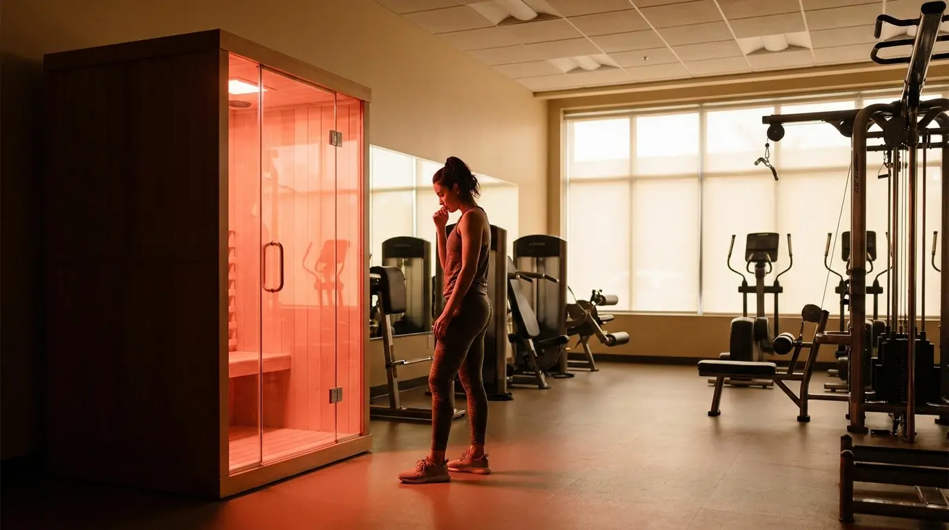 person using red light therapy booth at planet fitness style gym for recovery