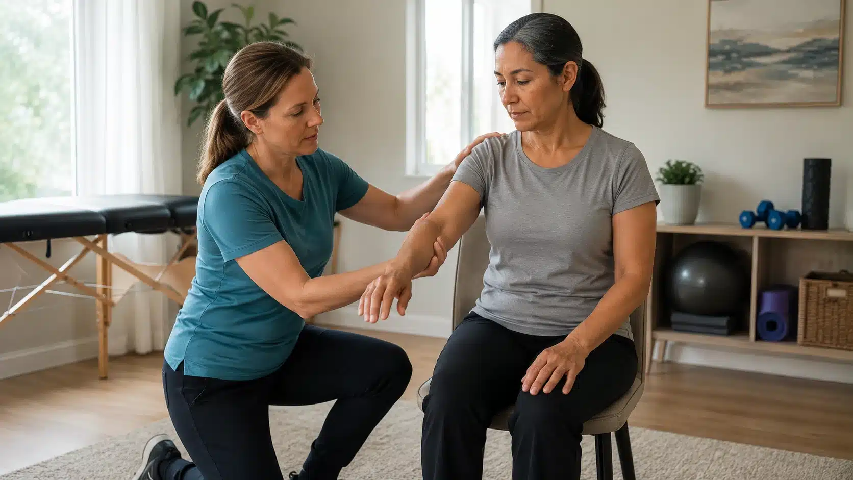 physical therapist guiding a patient before starting a safe home exercise program routine