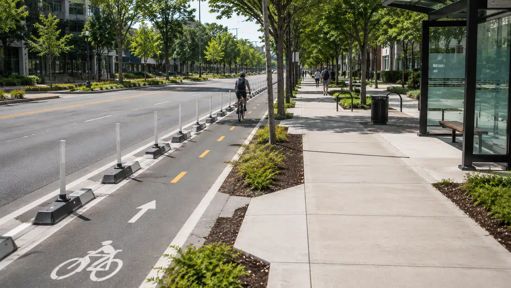 protected bike lane sidewalk and bus stop showing community design that supports active transportation