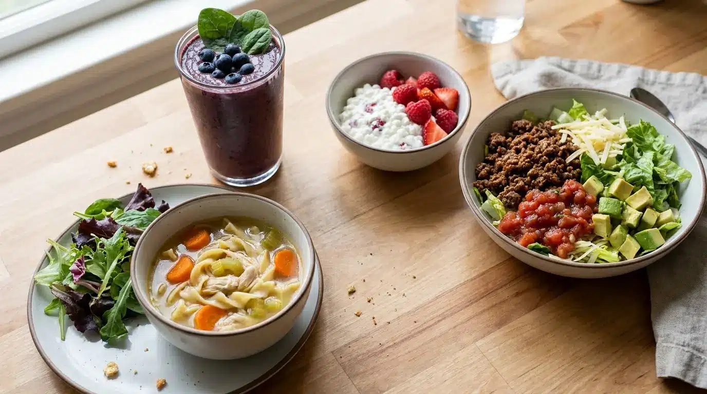 protein smoothie chicken soup cottage cheese and taco salad arranged for a low prep meal day