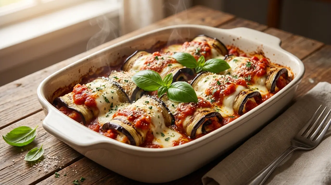 ricotta eggplant roll ups with spinach marinara and italian herbs baked until warm