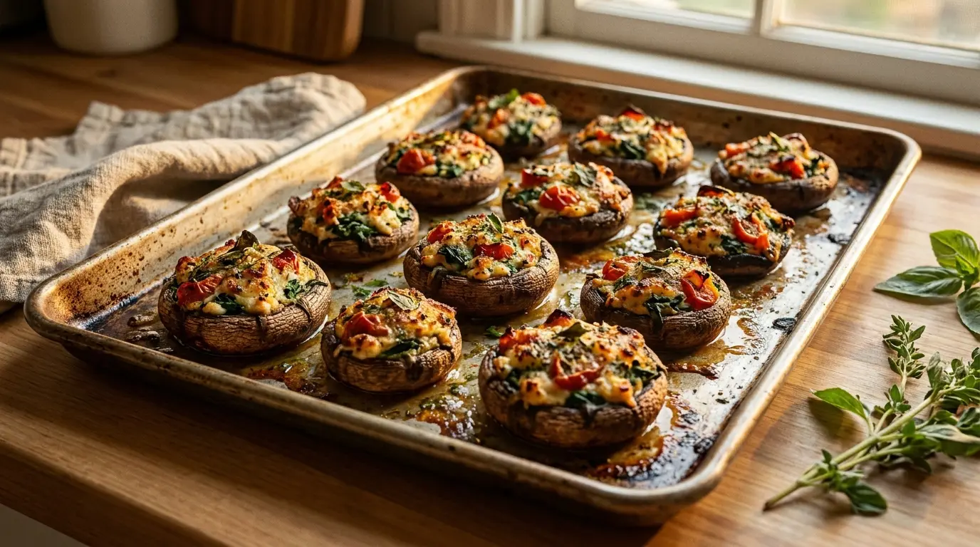 ricotta stuffed portobello mushrooms with spinach tomato and herbs baked on a sheet pan