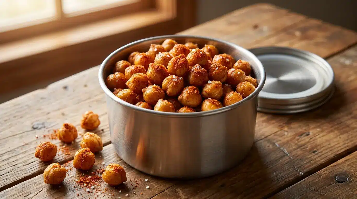 roasted chickpea portion pack with paprika cumin and garlic in a small reusable snack cup