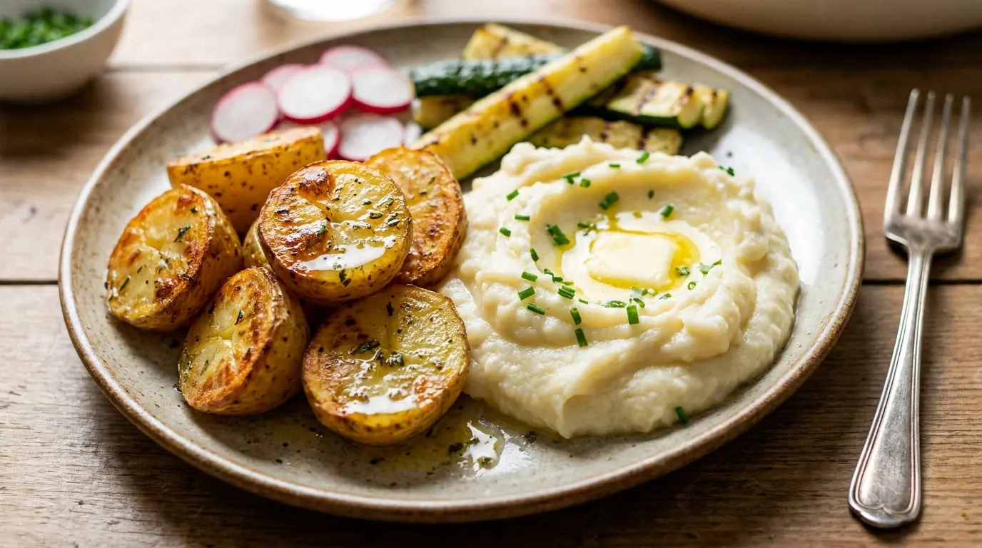 roasted potatoes beside cauliflower mash radishes and zucchini sticks