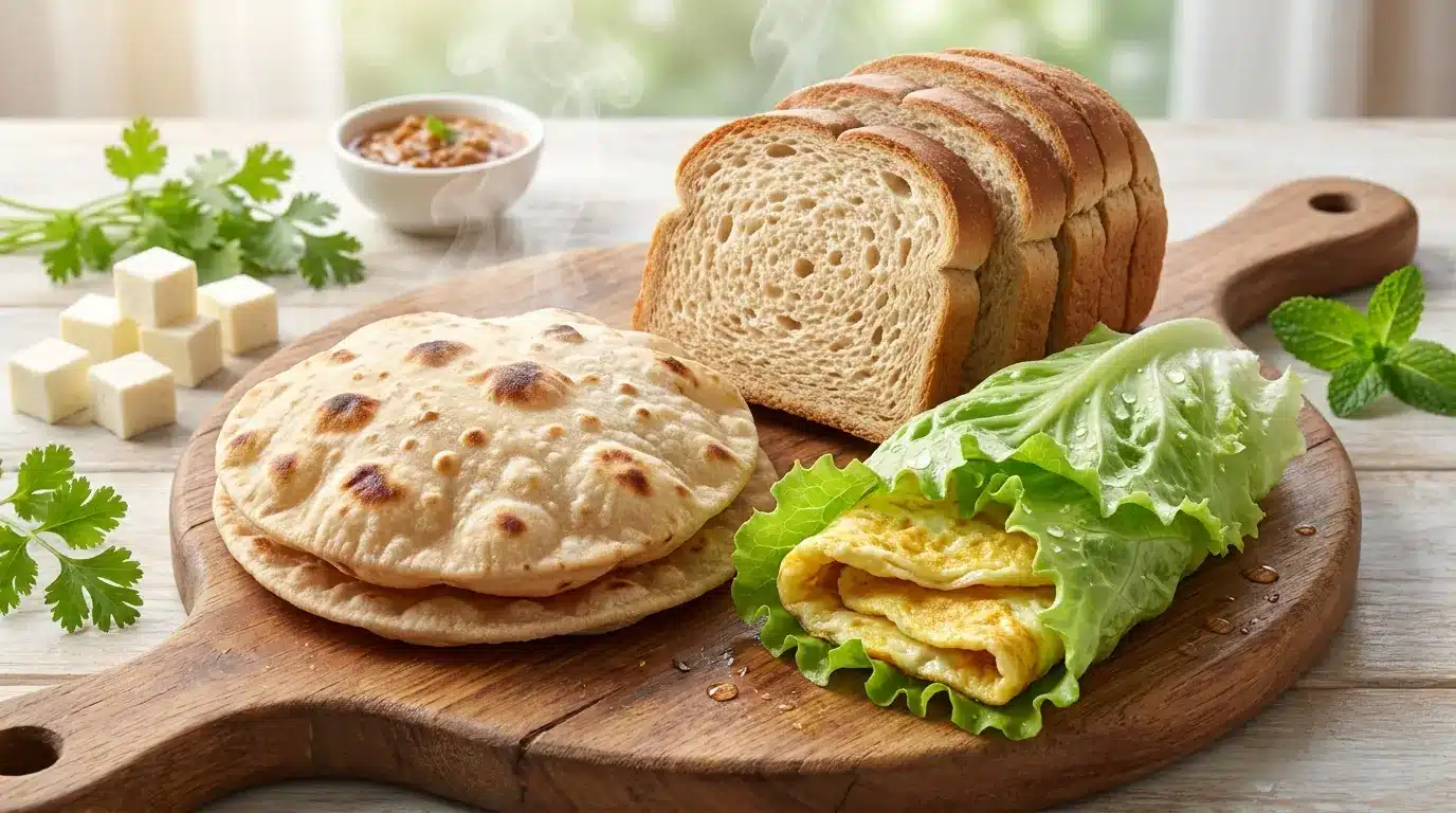 roti and wheat bread beside lettuce wraps egg wraps and paneer