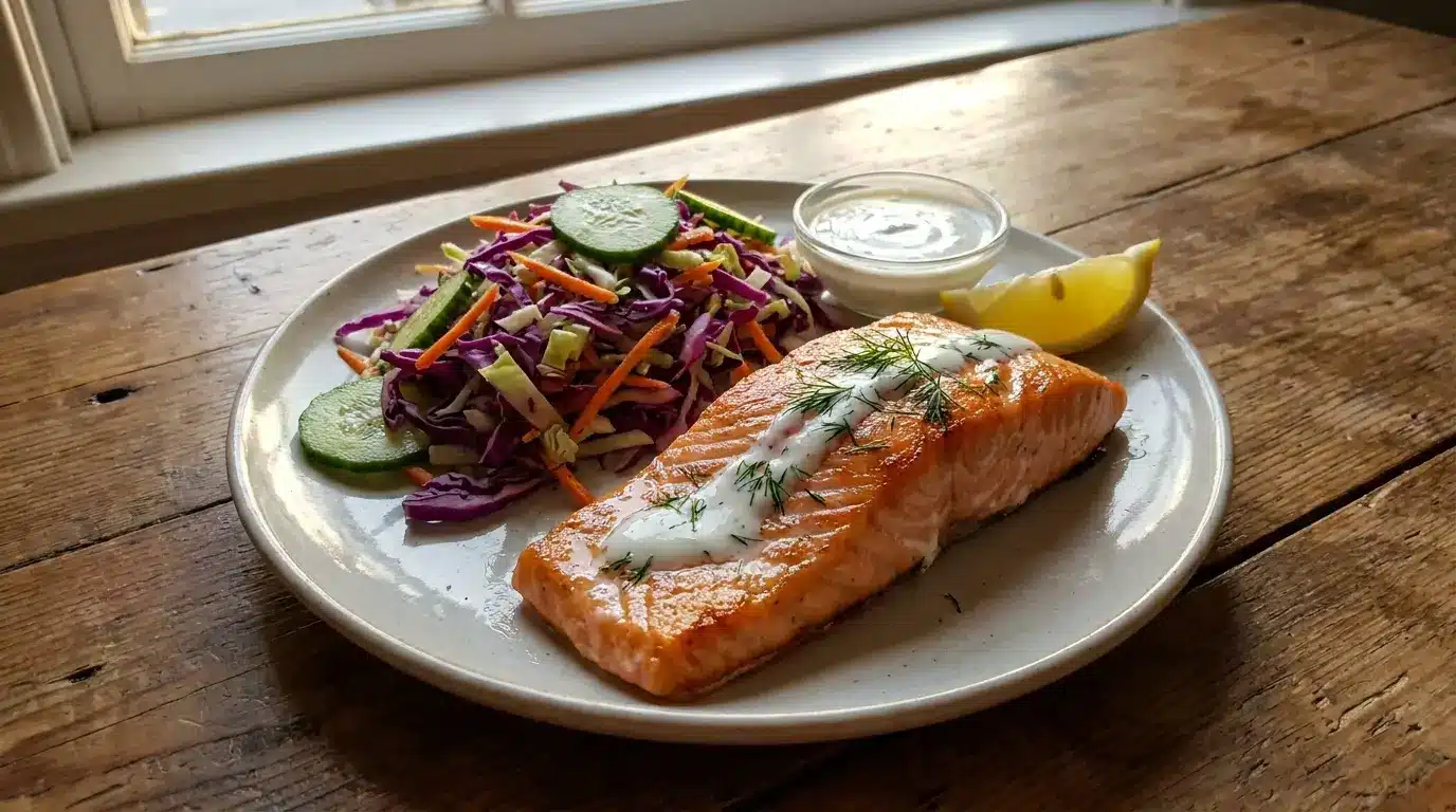salmon cabbage slaw plate with cucumber lemon and light yogurt dressing on a wooden table