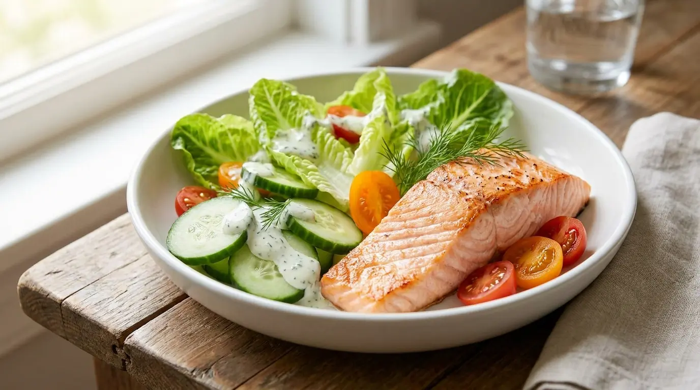 salmon cucumber yogurt bowl with romaine tomatoes dill and light herb sauce in natural light