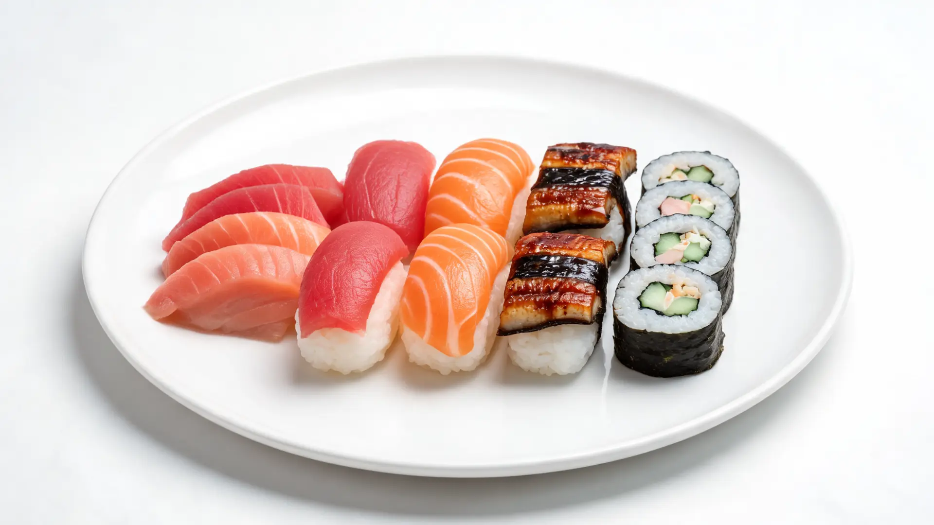 sashimi, nigiri, and sushi rolls arranged together to compare rice portions and lighter sushi options