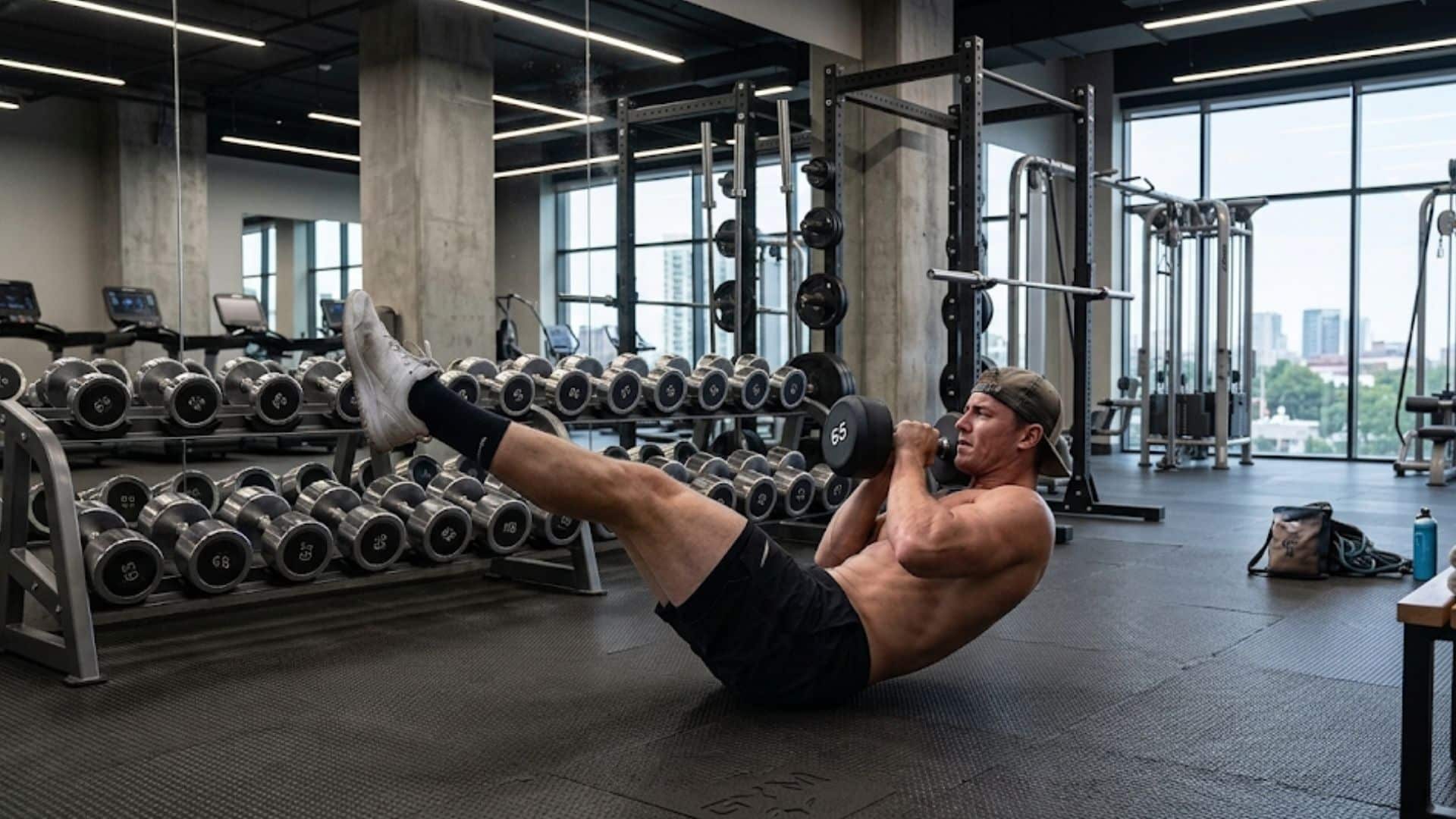 shirtless athletic man holding a dumbbell while performing a core-strengthening leg raise exercise on a dark gym floor