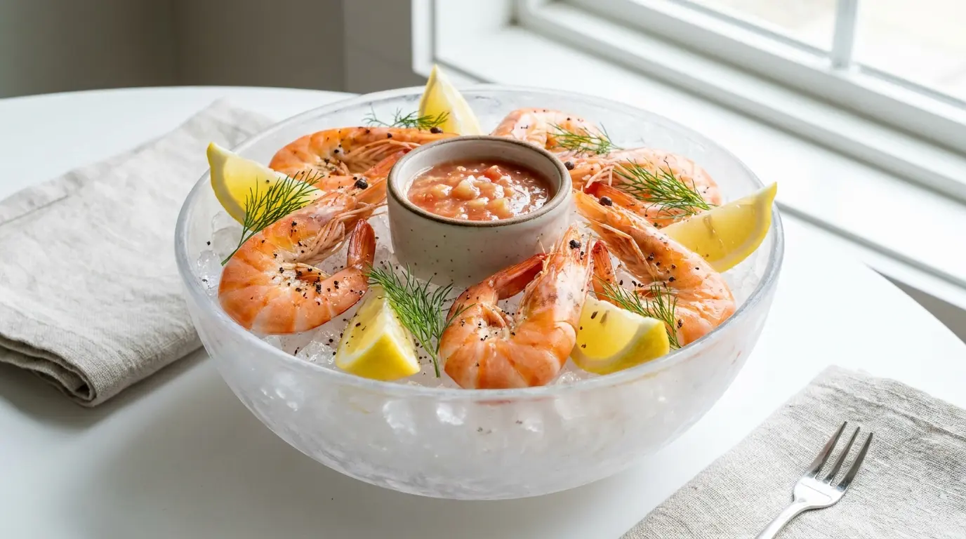 shrimp cocktail bowl with lemon pepper and light tomato dip served chilled in a glass bowl