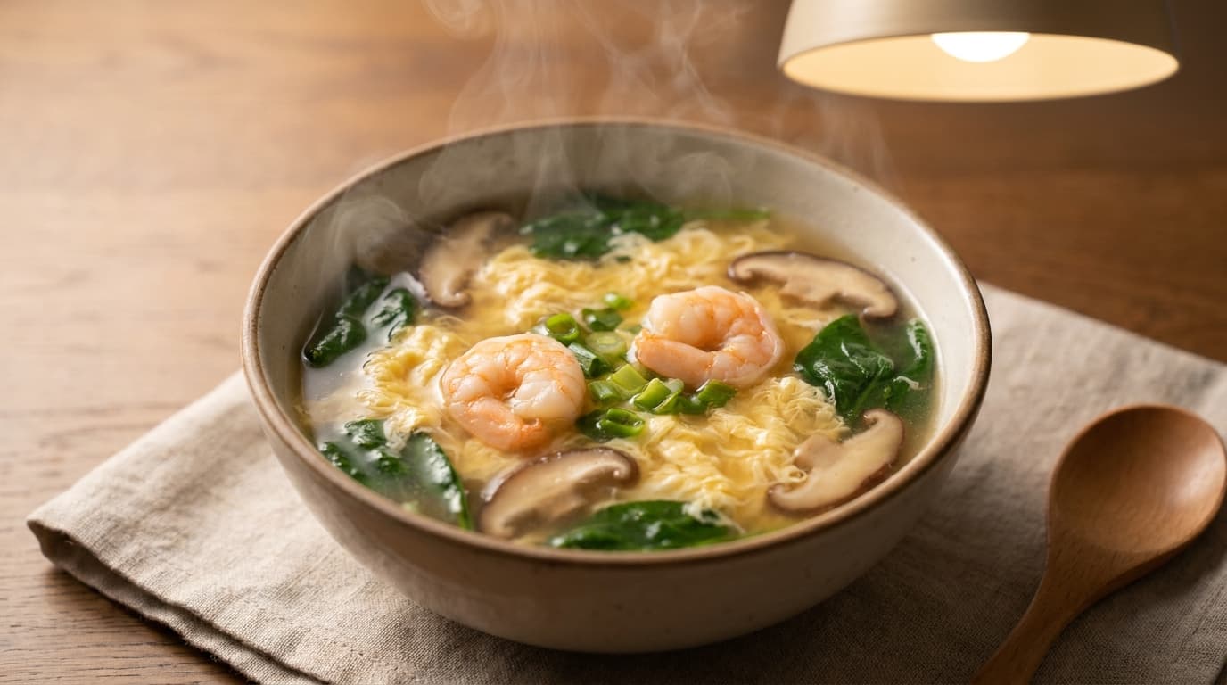 shrimp egg drop soup with spinach mushrooms spring onion and clear broth in a ceramic bowl