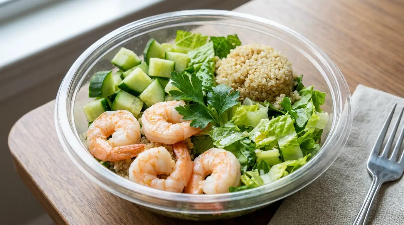shrimp quinoa salad cup with cucumber romaine parsley lemon and bright fresh lunch ingredients