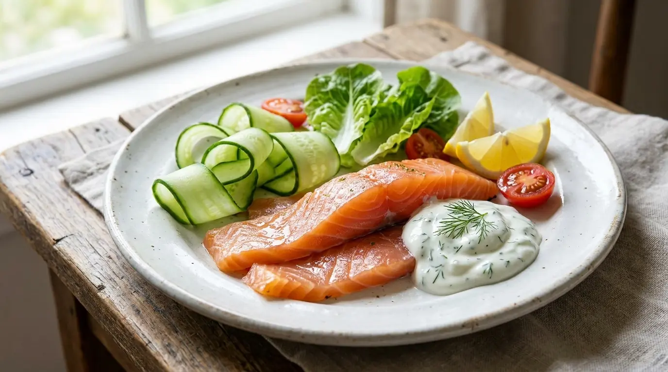 smoked salmon breakfast plate with cucumber lettuce tomatoes lemon dill and greek yogurt sauce