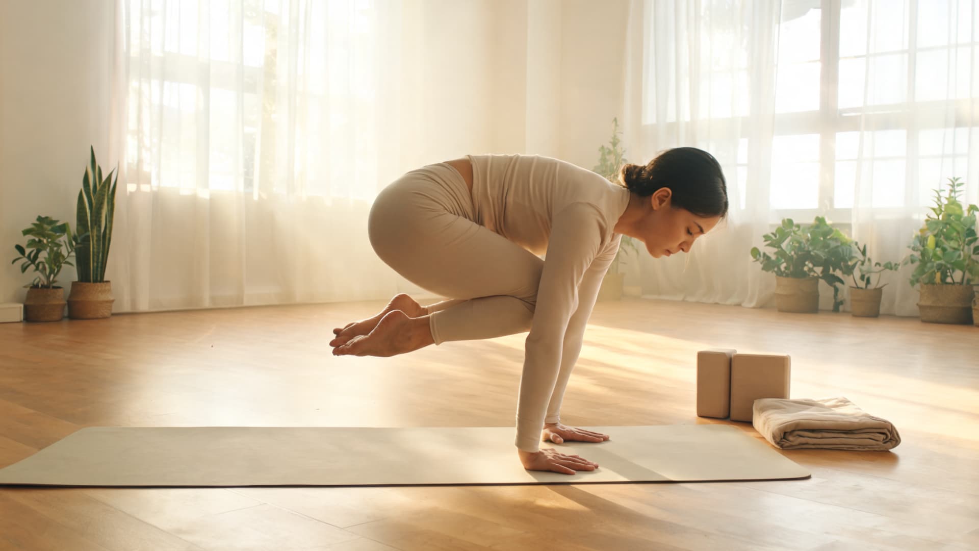 soft sunlight fills a warm bedroom as a young man sleeps peacefully in a west-facing room soft morning sunlight fills a serene yoga space as a woman balances in crow pose on a mat