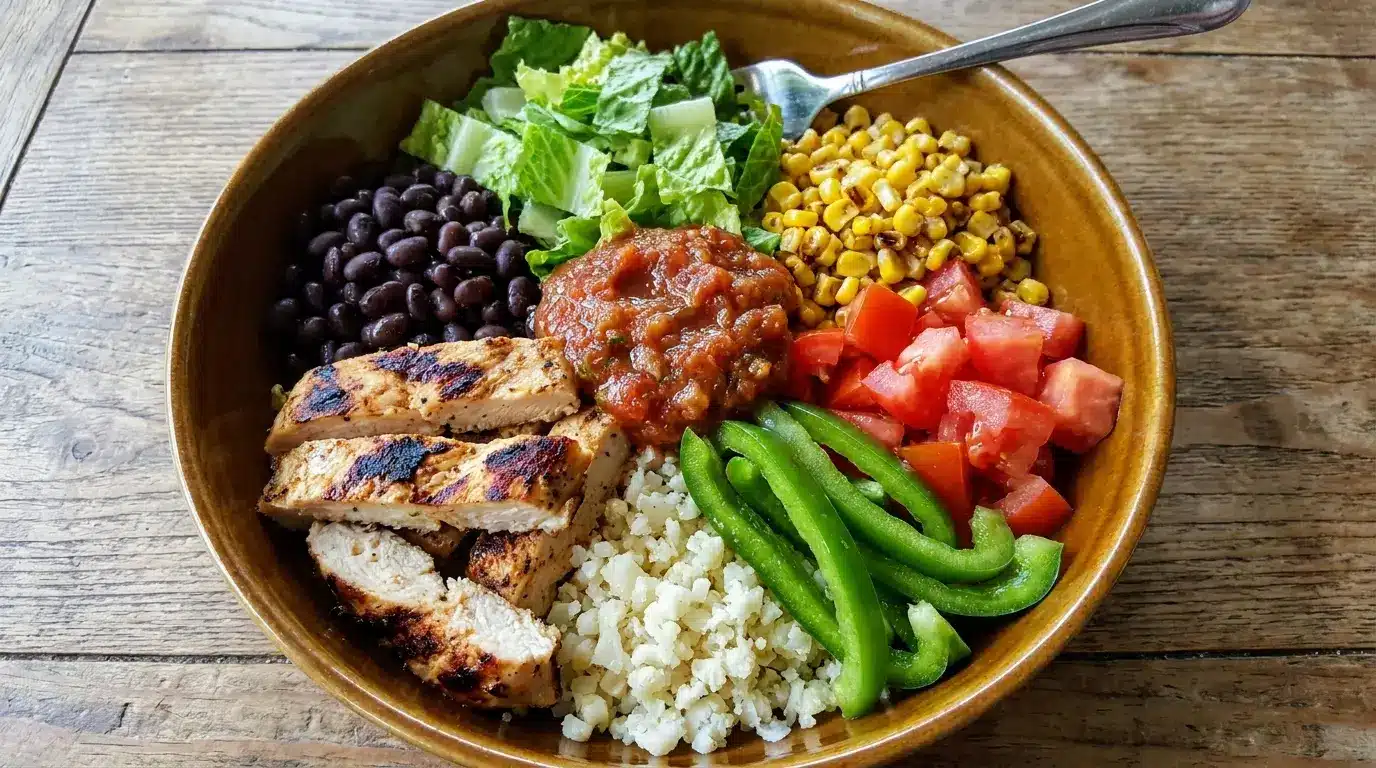 southwest chicken black bean bowl with romaine corn tomatoes peppers salsa and cauliflower rice