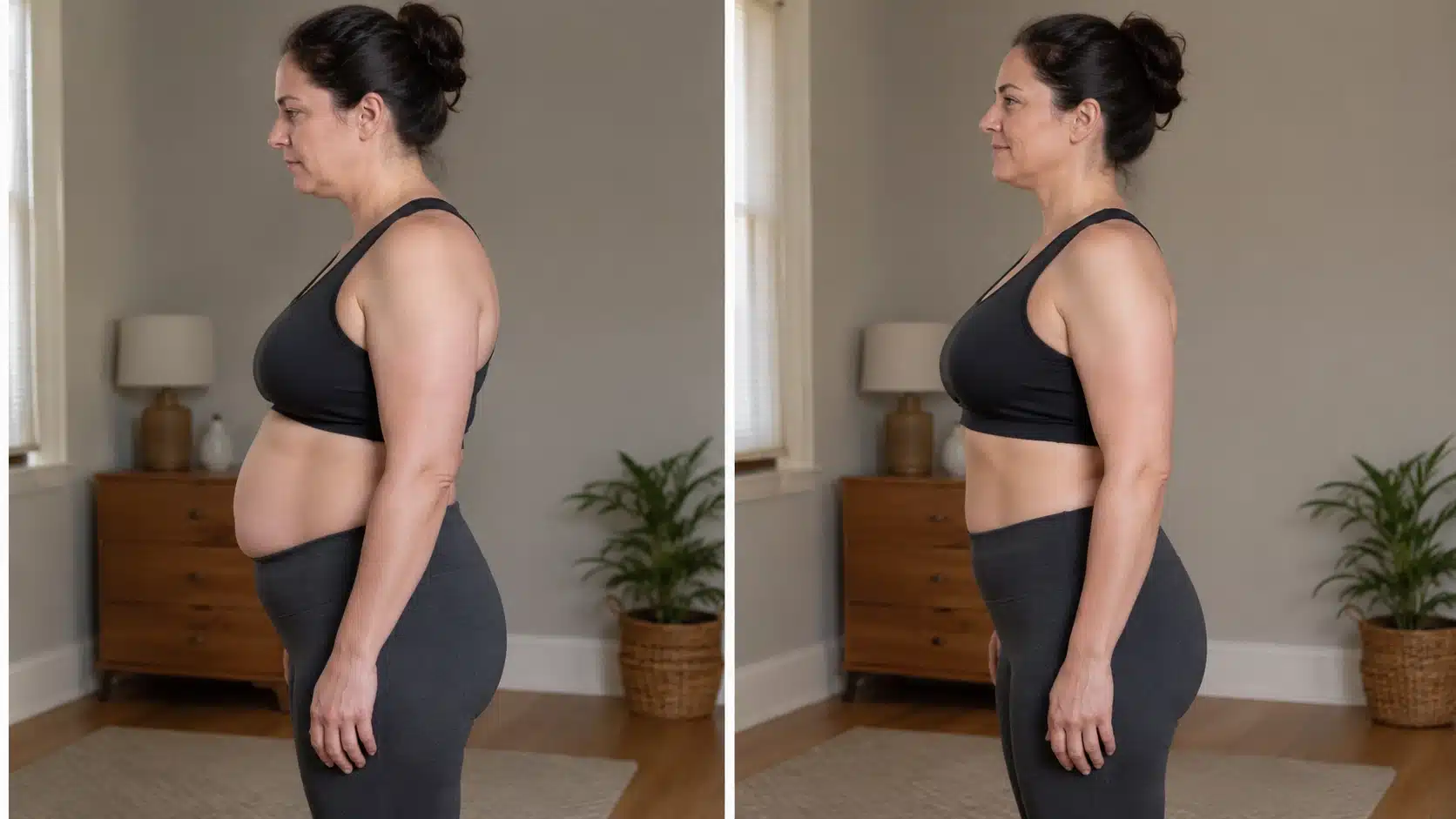 split image of adult woman showing realistic exercise changes in posture and lower belly shape