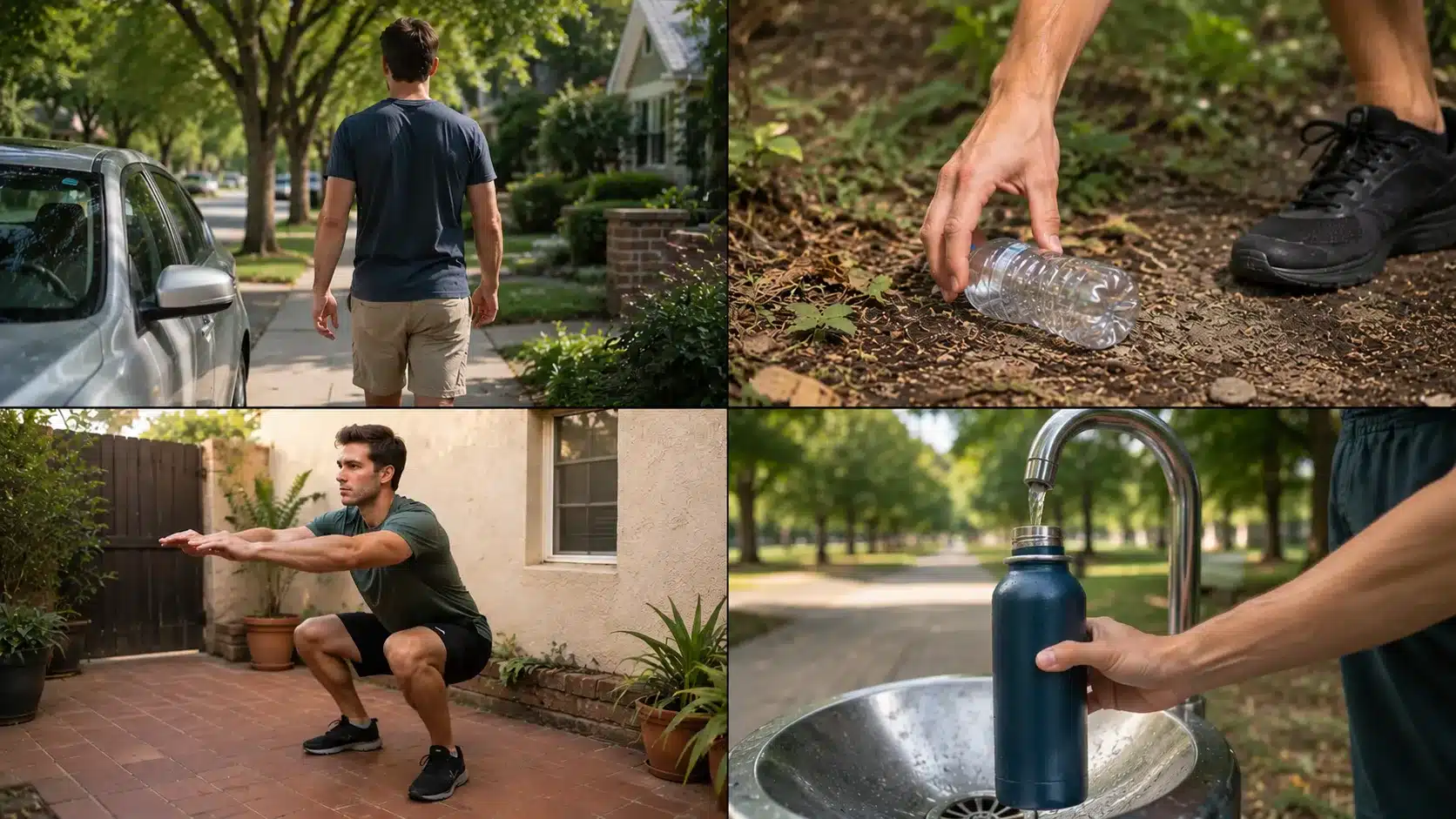 split image showing walking litter pickup outdoor exercise and reusable water habits for environmental health