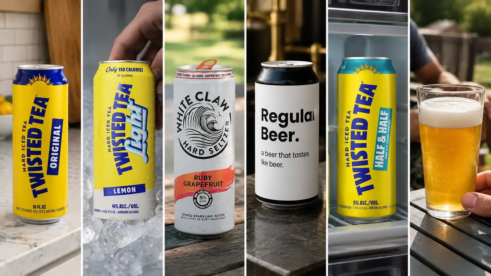 split layout comparing twisted tea hard seltzer light beer regular beer and half and half drinks