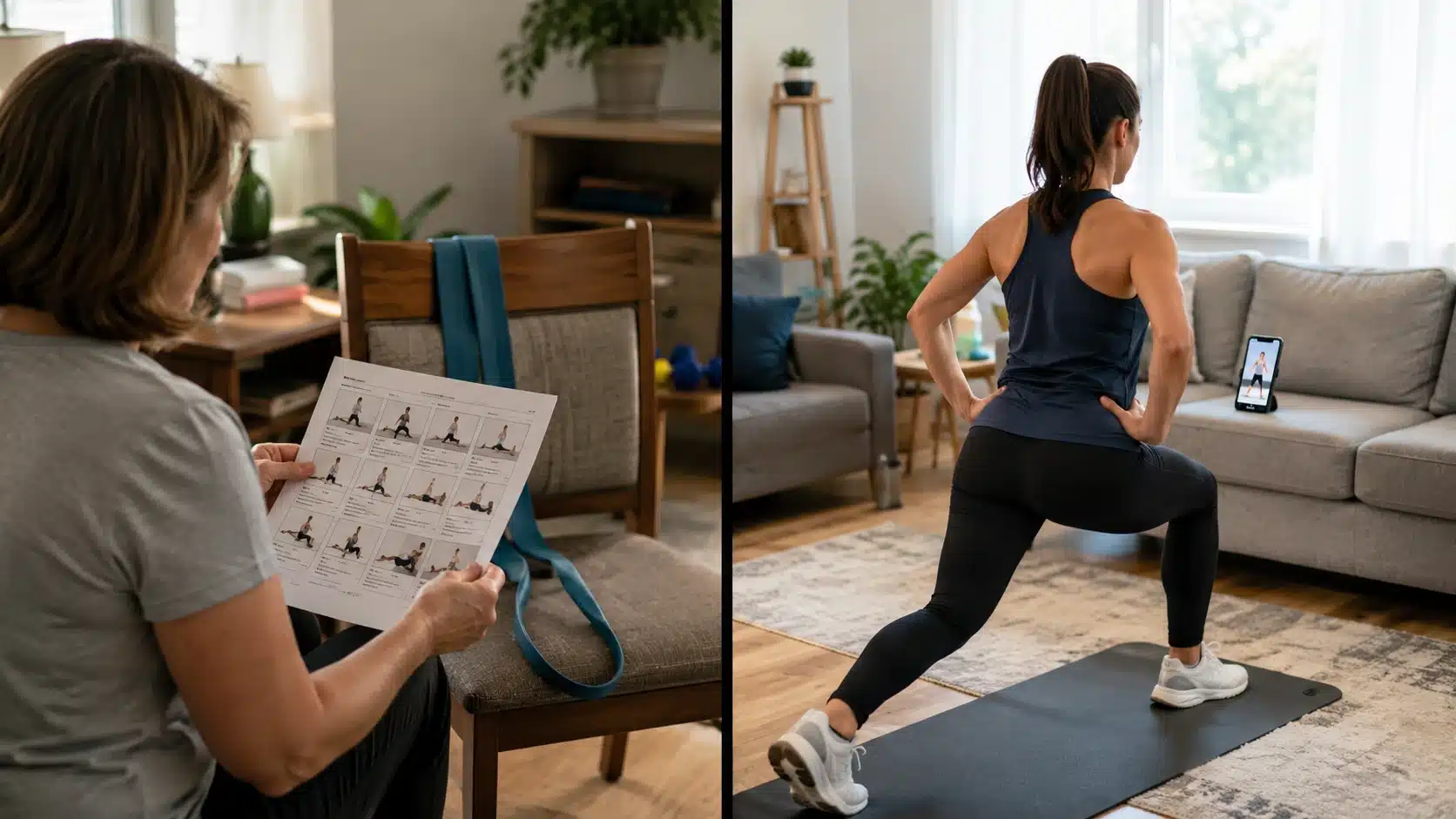 split view of home exercise program planning and workout app training in a realistic home setting