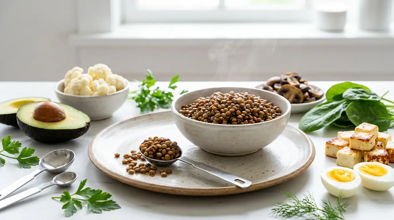 spoonful of lentils beside a bowl with keto foods showing portion size